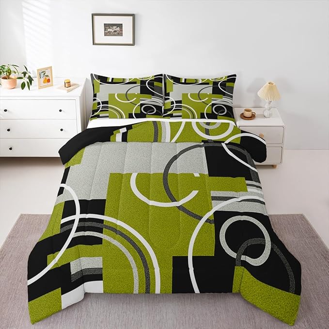 Circles Swirls Comforter Set King For Bedroom Decor Green Yellow Beddings Geometric Square Gromment Quilt Black Gray Patchwork Duvet Insert Modern Graphic Texture Down Comforter With 2 Pillowcases