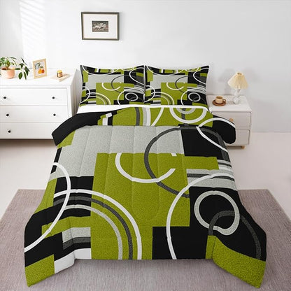 Circles Swirls Comforter Set Twin For Bedroom Decor Green Yellow Beddings Geometric Square Gromment Quilt Black Gray Patchwork Duvet Insert Modern Graphic Texture Down Comforter With 1 Pillowcase