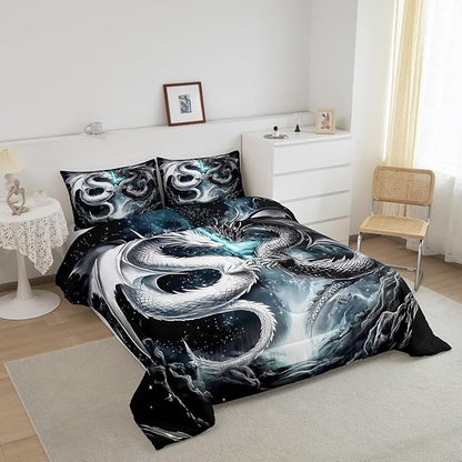 Erosebridal Dragon Queen Size Bedding Set, West Wildlife Comforter Set for Teens Adult Youth Men Room, Ancient Animal Down Comforter for All Seasons, Black White