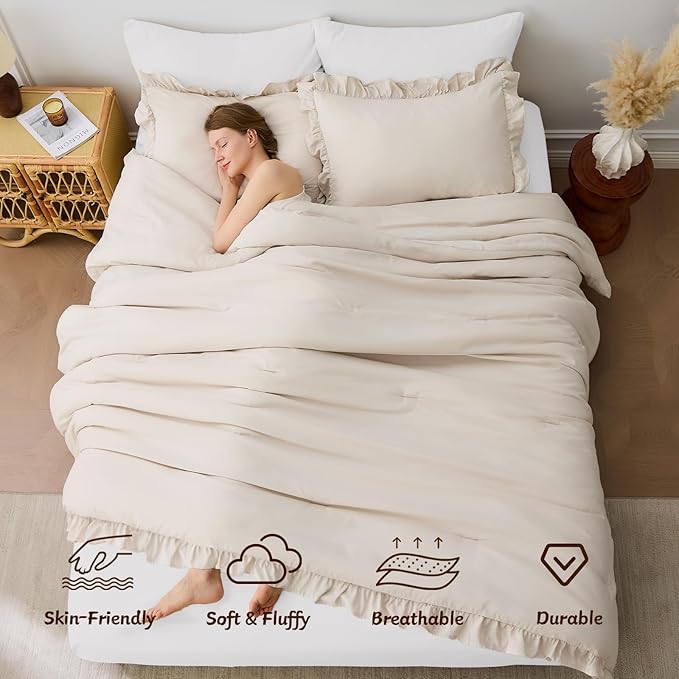 FUANNA Full Size Comforter Sets Beige, 3 Pieces Ruffle Full Size Bedding Sets, Fluffy Bed in a Bag Full for All Seasons, Shabby Chic Full Bed Set with 1 Lightweight Comforter & 2 Pillowshams