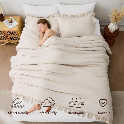 FUANNA King Size Comforter Set Beige, 3 Pieces Ruffle King Bedding Set, Fluffy Farmhouse Bed in a Bag King with 1 Lightweight Comforter & 2 Pillowshams