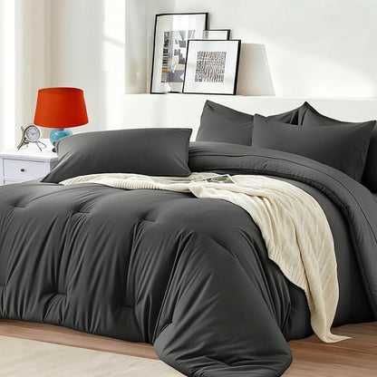King Size Comforter Set 7 Pieces - Soft Bed in a Bag King Bed Set, Cozy Luxury Bedding Sets with All Season Comforter, Flat Sheet, Fitted Sheet, 2 Pillowcases & 2 Shams, Dark Gray