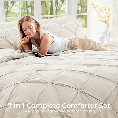 Sasttie Full Size Comforter Set, 7-Piece Bed in a Bag Double, Pintuck Bedding Set for All Season, Includes Comforter, Flat Sheet, Fitted Sheet, Pillowcases and Pillowshams, Beige