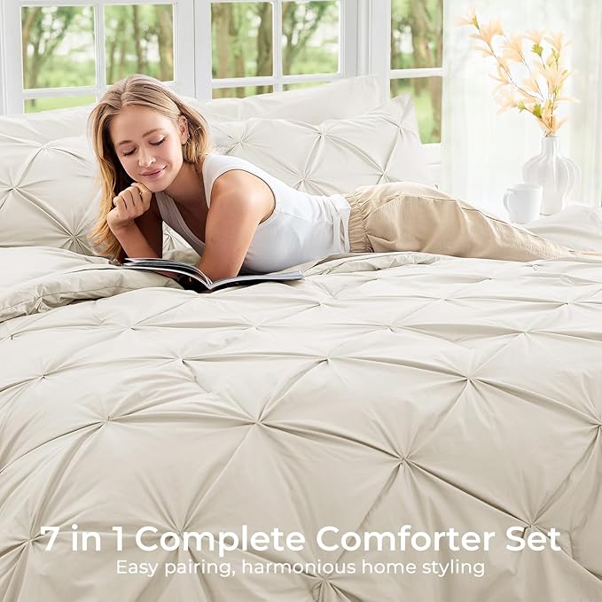 Sasttie California King Comforter Set, 7-Piece Bed in a Bag Cal King, Pintuck Bedding Set for All Season, Includes Comforter, Flat Sheet, Fitted Sheet, Pillowcases and Pillowshams, Beige
