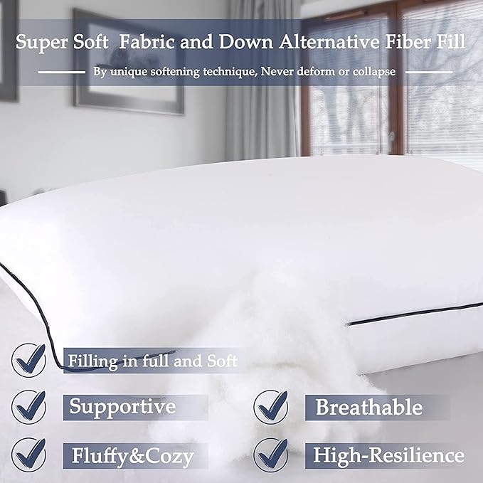 Bed Pillows 2 Pack - Standard Size Cooling Pillows for Sleeping Size Set of 2 for Side Back and Stomach Sleepers, Down Alternative Filling Luxury Pillows (White, Standard)