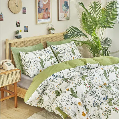 CLOTHKNOW Sage Green Comforter Set Twin/Twin XL Cotton Floral Botanical Bedding Sets White Green Flowers Bedding Comforter Soft 3Pcs Bedding Comforter Sets