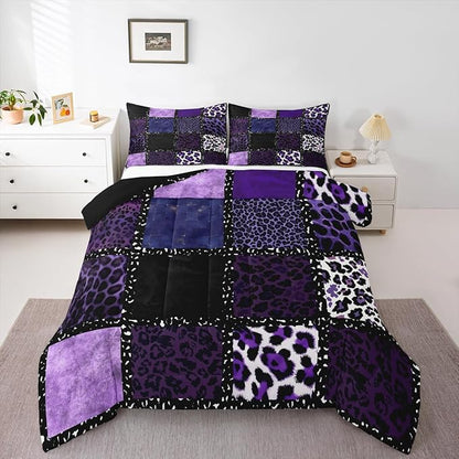 Erosebridal Purple Leopard Print Comforter King Size for Kids Teens Adults,Animal Skin Texture Bedding Set,Patchwork Geometric Duvet Insert,Farmhouse Quilt Bedroom Decor