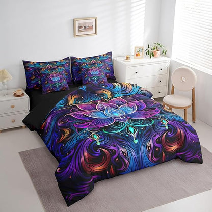 Erosebridal Lotus Bedding Comforter Sets Bohemian Theme Bed in a Bag 7pcs Purple Gradient Bedding Set Tribal Paisley Full Size Comforter Set Girls Flower Bed Set Navy Blue Floral Decor