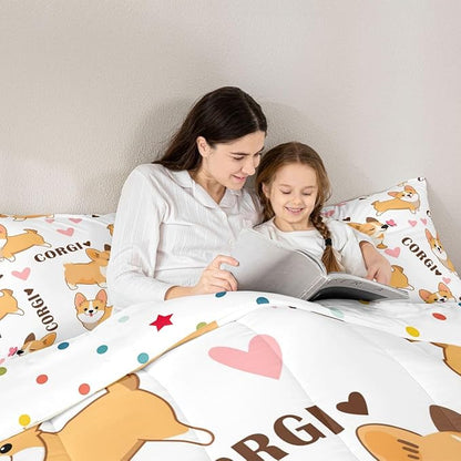 Erosebridal Kid Corgi Dog Comforter Set Full Cute Puppy Down Comforter Cartoon Pet Dog Happy Farm Animal Love Pattern Quilted Duvet, with 1 Pillow Case, Super Soft Breathable Duvet Insert, White