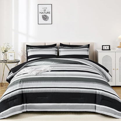 WONGS BEDDING Queen Size Comforter 7 Pieces, Black Queen Comforter Set with Sheets, Boho Striped Bed in a Bag Soft Micorfiber Bedding Set for All Seaon (90"×90")