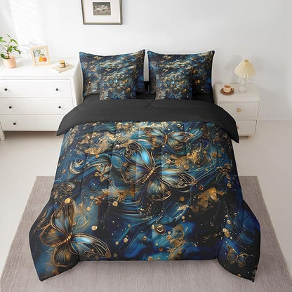 Erosebridal Blue and Gold Marble Comforter Set Twin with Sheets,Gradient Abstract Bedding Set 7 Piece Boho Room Decor,Trippy Butterfly Bed in a Bag with Fitted Sheet,Flat Sheet,Pillowcases & Shams