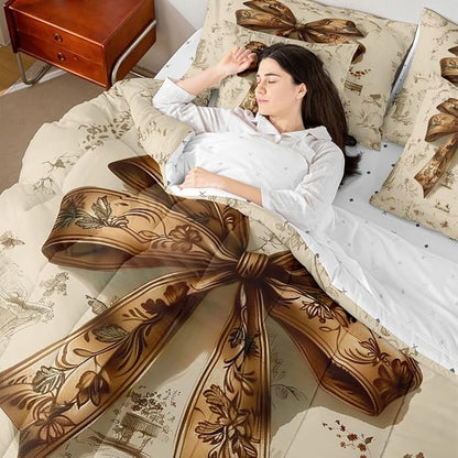 Erosebridal Brown Bowknot Bed in A Bag Twin | Coquette Decor Bohemian 7 Piece Comforter Set Western Cowboy Sheet Set Reversible Hippie Pastoral Style Fitted Sheet Breathable Lightweight