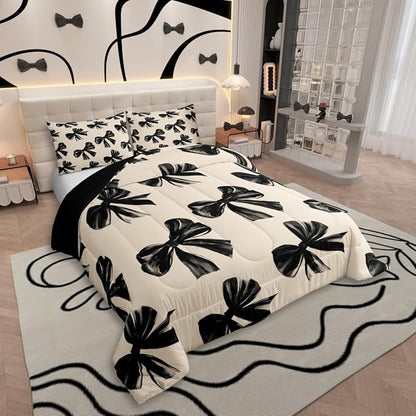 Erosebridal Bow Bedding Set Full Black Bow Tie Bedding Comforter Sets for Kids Teen Adults Room Decor,Watercolor Bowknot Comforter Set Black White Simple Decor Bed Duvet Set