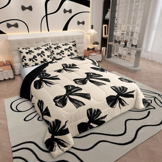 Erosebridal Bow Bedding Set Full Black Bow Tie Bedding Comforter Sets for Kids Teen Adults Room Decor,Watercolor Bowknot Comforter Set Black White Simple Decor Bed Duvet Set
