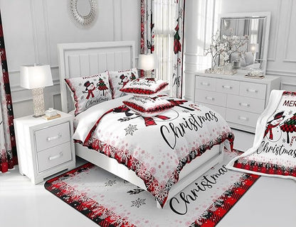 Snowman Christmas Tree Comforter Set Full Size,Geometric Black Red Plaid Quilt Set Winter Snowflake Print Bedding Set for Kids Boys Girls Adult Room Decor Happy New Year Duvet Insert 3Pcs