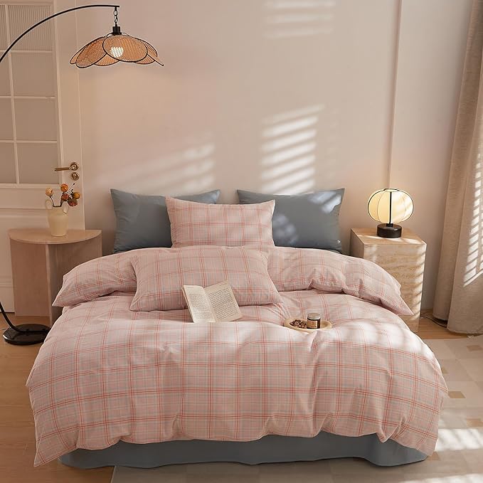 HighBuy Queen Comforter Set Gingham Plaid Boho Chic Bedding Comforter Bed Set Pink Checkered Grid Pattern Soft Fluffy Boho Comforter for Women Girls Queen Bed,Skin Friendly,All Season