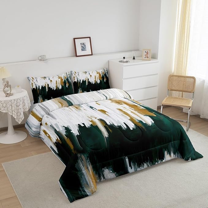Erosebridal Emerald Green Bedding Set Queen Watercolor Graffiti Comforter Set, Striped Oil Painting Bedding Comforter Sets Aesthetic Modern Duvet Insert, Ombre Brush Marks Contemporary Down Comforter