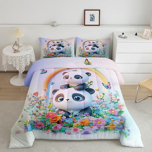 Manfei Cute Panda Bedding Comforter Sets Twin,Watercolor 3D Panda Bear Black White Bedding Set for Bedroom Decoration,Flowers Leaves Deamy Butterfly with 1 Comforter and 1 Pillow Case Bedroom Decor