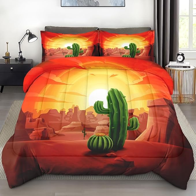 Comforter Set Queen Size, Cactus Mountains Sun 3 Pcs Soft Bedding Set for Kids and Adults, Summer Sunset Plant Comforter Set with 2 Pillowcases, for Bedroom Bed Decor