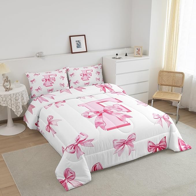 Erosebridal Initial Letter F Bedding Comforter Sets Pink Kawaii Bow Bedding Set Dreamy Princess Letter Bowknot Comforter Set Twin Size for Kids Girls Teen Women,Cute Girly Bow Quilt Duvet