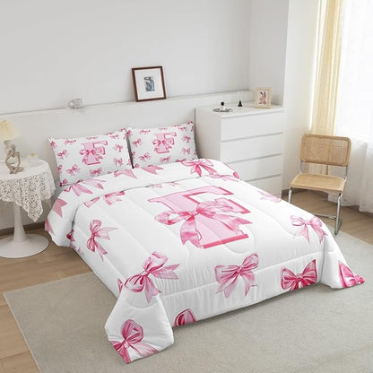 Erosebridal Initial Letter F Bedding Comforter Sets Pink Kawaii Bow Bedding Set Dreamy Princess Letter Bowknot Comforter Set Queen Size for Kids Girls Teen Women,Cute Girly Bow Quilt Duvet