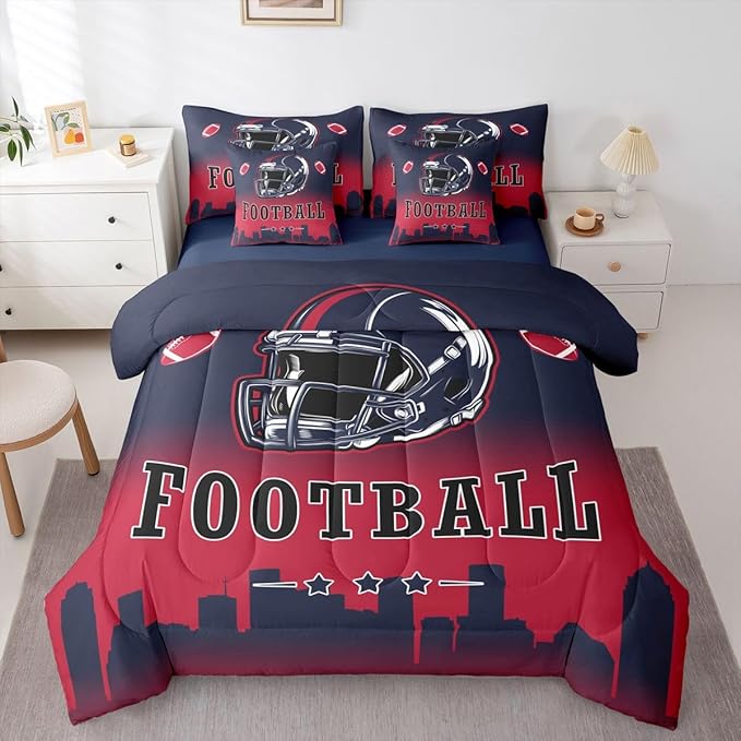 Erosebridal American Soccer City Bed in A Bag Full Size for Kids Boys Teen Adults,Sports Rugby Comforter Set with Sheets Red Blue Ombre 7 Piece Bedding Set Ball Competitive Games Bed Set