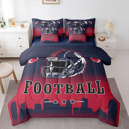 Erosebridal American Soccer City Bed in A Bag Full Size for Kids Boys Teen Adults,Sports Rugby Comforter Set with Sheets Red Blue Ombre 7 Piece Bedding Set Ball Competitive Games Bed Set