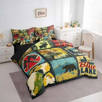 Erosebridal Farmhouse 7 Piece Comforter Set King Rustic Cabin Camper Bedding Set Retro Woodland Bear Deer Wildlife Duvet Insert Pike Fish Hunting Animal Plaid Sheet Set with Comforter Bedroom Decor