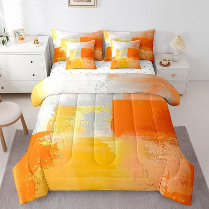 Erosebridal White Gray Orange Bedding Queen Size 7-Piece Oil Painting Comforter Set, Ombre Gradient Bed in a Bag with Flat Sheet and Fitted Sheet Graffiti Abstract Bedding Comforter Sets