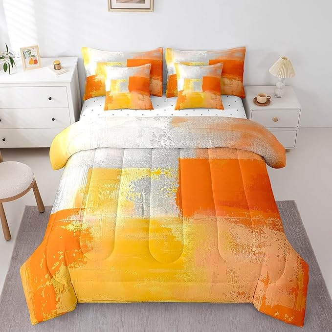Erosebridal White Gray Orange Bedding King Size 7-Piece Oil Painting Comforter Set, Ombre Gradient Bed in a Bag with Flat Sheet and Fitted Sheet Graffiti Abstract Bedding Comforter Sets