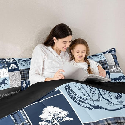 Erosebridal Hunting Horse Comforter Set Twin Size, Rustic Cabin Lodge Bedding Set Western Horseshoe Duvet Insert Arrow Southwest Cowboys Cowgirls Down Comforter Vintage Adventure Bedroom Decor,Blue