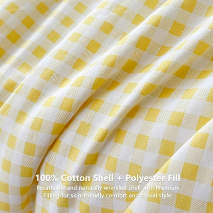NSNLGSGC Yellow Gingham Cotton Comforter Set Twin, 100% Washed Cotton Plaid Checked Comforter Bedding, 2 Pieces Vintage Farmhouse Grid Bedding Set(Yellow Gingham, Twin)