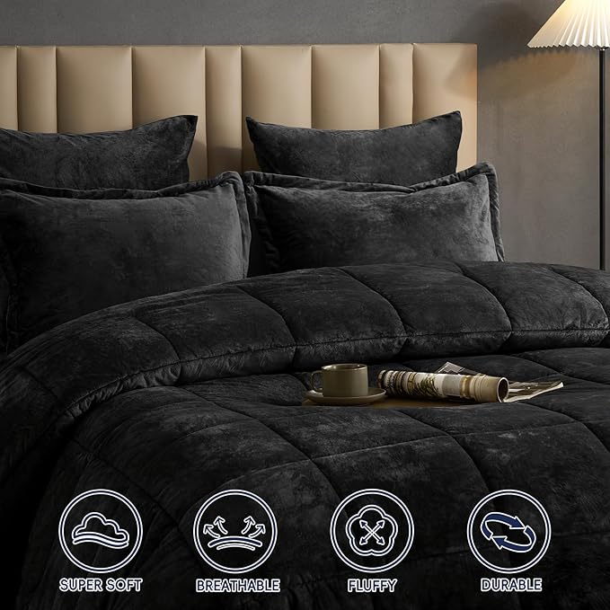PHF Double-Sided Velvet Comforter Set King Size, 5 Piece Soft Luxury Winter Warm Bedding Sets, Modern Bed in A Bag Including 1 Cozy Comforter, 2 Pillow Shams, 2 Euro Shams for Home Decor, Black
