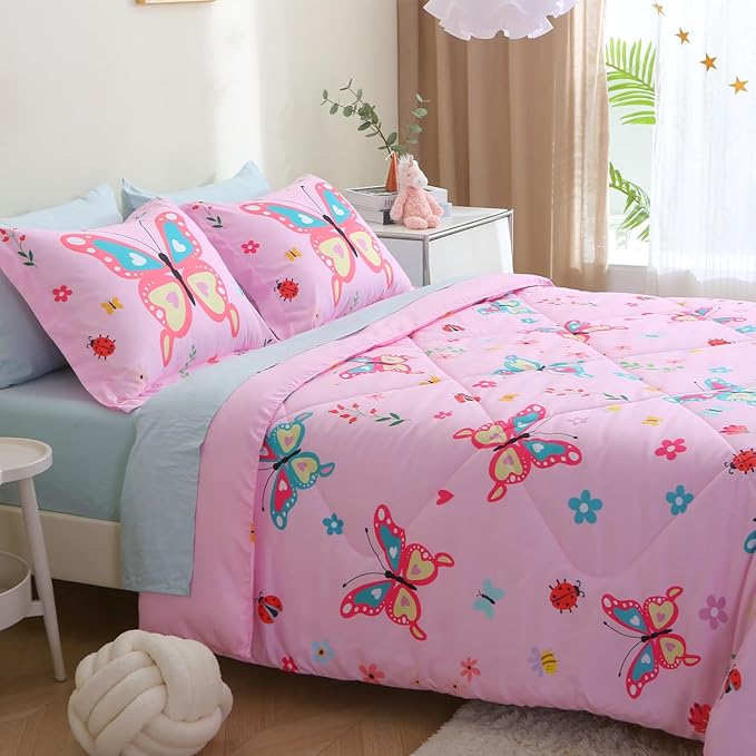 Girls Butterfly Comforter Set Queen Size 7 Piece Bed in A Bag Colorful Pink Flowers Leaves Bedding Set for Kids Teens Super Soft All Season