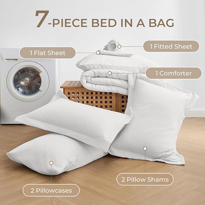 Sasttie King Size Comforter Set, 7 Pieces Bed in a Bag King, Complete Bedding Set Includes Comforter, Flat Sheet, Fitted Sheet, Pillowcases and Pillow Shams, Ivory