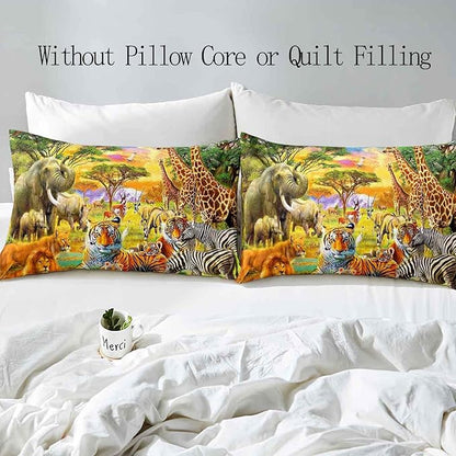 VIVIHOME 3PCS Safari Animal Duvet Cover Queen Bedding Set, Teens Boys Girls Kids Bedding, Zoo Jungle Tiger Lion Elephant Zebra Giraffe African Wildlife Wild Animal Comforter Quilt Cover, 2 Pillowcases