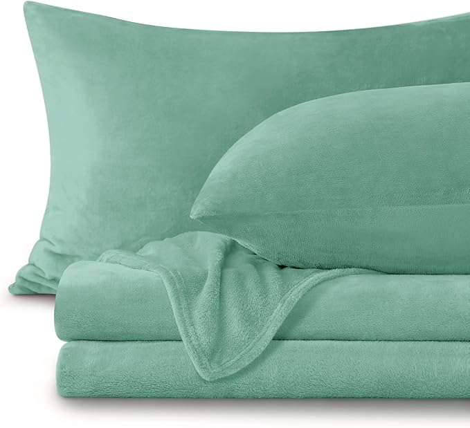 BEDELITE Flannel Sheets King Size Haze Blue - Super Soft Fleece Sheets Set Fluffy Extra Plush, 4 Piece(Include Fitted Sheet, Flat Sheet, 2 Pillowcases)