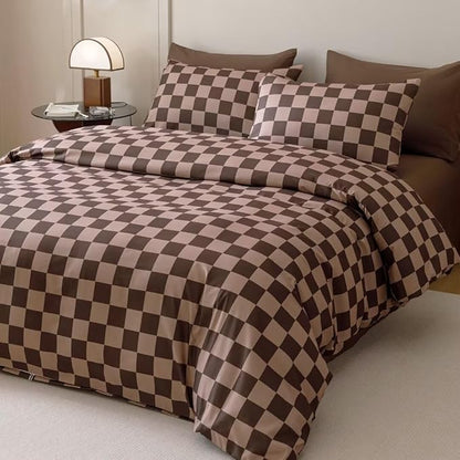 CLOTHKNOW Dark Brown Plaid Queen Comforter Set 3Pcs Grid Bedding Comforter Sets Soft Checkerboard Comforter Geometric Comforter with 2 x Pillow Cases