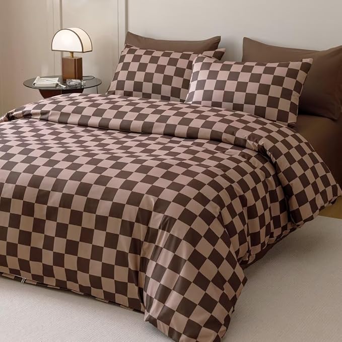 CLOTHKNOW Brown Plaid Comforter Sets Twin/Twin XL 3Pcs Grid Bedding Comforter Sets Dark Brown Checker Comforter Checkered Bedding Sets