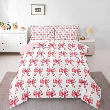 Feelyou Red Bow Comforter Set King Size Cute Bowknot Bedding Set Boys Girls Bow and Stripes Comforter for Kids Women Men Kawaii Duvet Set 3Pcs