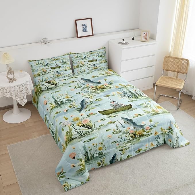 Erosebridal Fishing King Comforter Set,Fisherman and Fish Bedding Sets for Kids Boys Men,Big Pike Bass Fish Quilt Bed Set,Rustic Lake House Flower Bedroom Decor,2 Pillowcases Breathable