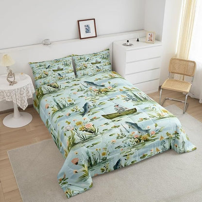 Erosebridal Fishing King Comforter Set,Fisherman and Fish Bedding Sets for Kids Boys Men,Big Pike Bass Fish Quilt Bed Set,Rustic Lake House Flower Bedroom Decor,2 Pillowcases Breathable