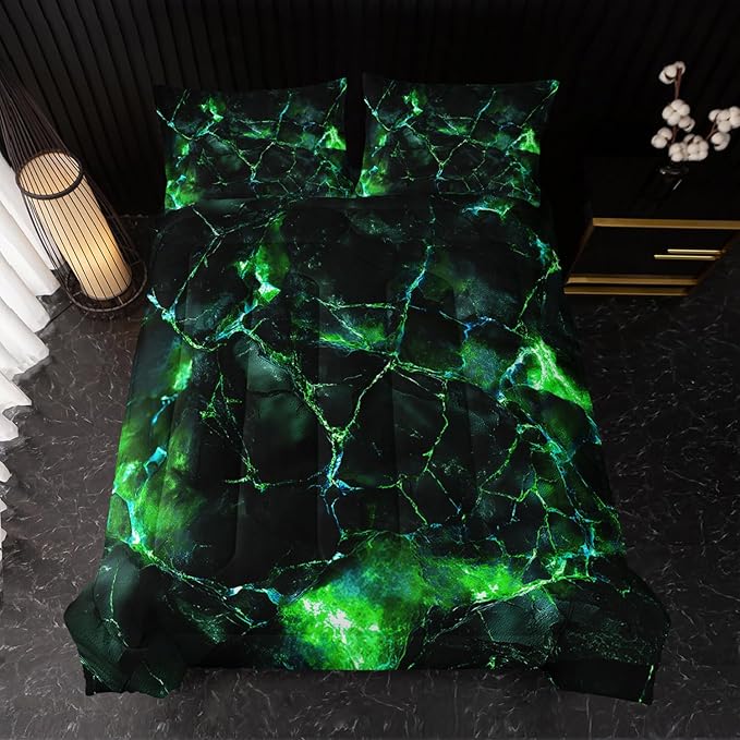 Green Comforter Set King Size，Green Marble Bedding Set 3 Pcs Bedding for Adults, Marble Room Decor with Comforter and 2 Pillowcases Soft and Lightweight B-Side Black