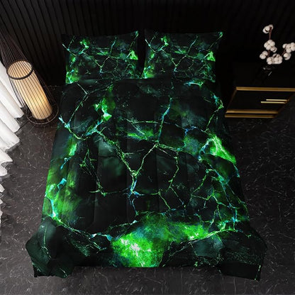 Green Comforter Set Queen Size，Green Marble Bedding Set 3 Pcs Bedding for Adults, Marble Room Decor with Comforter and 2 Pillowcases Soft and Lightweight B-Side Black