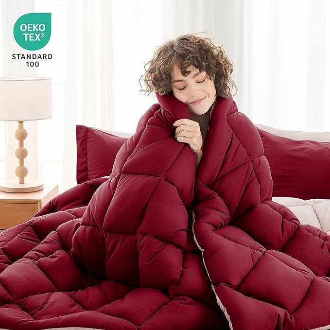 MUXHOMO 5 Pieces Twin Comforter Set, Reversible Bed in a Bag Twin Size, All Season Bedding Set with Comforter, Flat Sheet, Fitted Sheet, Pillowcases & Shams, Burgundy & Rose Gold