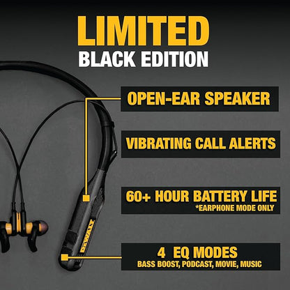 DEWALT Heavy Duty Black Edition 2-in-1 Neckband Bluetooth Headphones w/Built-in Speakers, Jobsite Wearable Speaker & Around Neck, Wireless Headset, 60+ Hrs Hands-Free Music & Calls, Carry Pouch