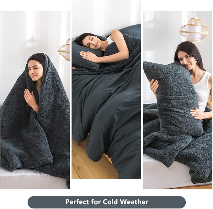 Warmth Queen Comforter Set - Super Soft Fluffy Sherpa Fleece PolyCotton Down Alternative Bedding Blanket Comforter Pillowsham, Plush Medium Weight for Winter Autumn, Dark Dusty Blue Grey Full/Queen