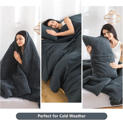 Warmth Queen Comforter Set - Super Soft Fluffy Sherpa Fleece PolyCotton Down Alternative Bedding Blanket Comforter Pillowsham, Plush Medium Weight for Winter Autumn, Dark Dusty Blue Grey Full/Queen