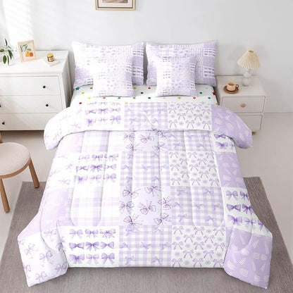 Feelyou Purple Bow Comforter Set with Sheets 7 Piece Full Size Cute Bowknot Bedding Set for Kids Boys Girls Princess Bow Bed in a Bag Kawaii Room Decor Soft Lightweight Microfiber