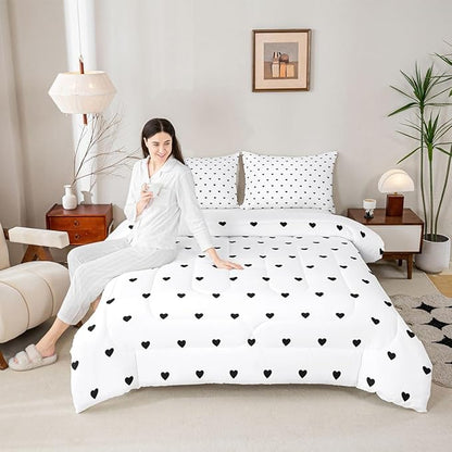 Erosebridal White Black Comforter Set Cute Heart Pattern Bedding Set Girly Cartoon Love Geometric Down Comforter Queen Size Cute Quilt Set for Kids Girls Boys Teens Bedroom Decor Soft Duvet Set